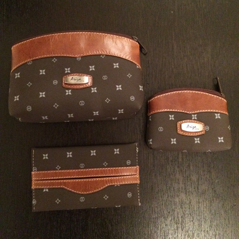 Genuine Leather Trim Brown Purse Clutch Wristlet Bag Wallet Coin Pouch Set